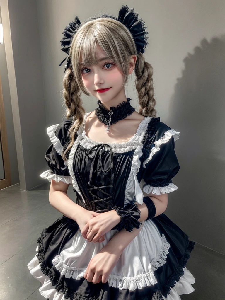 (8K, Photorealistic, Raw photo, of the highest quality: 1.3), (1girl in), Super beautiful, (Realistic face), (boyish, Silver Color Berry Shorthair), Beautiful , Glare that captivates the viewer, Beautiful expression, Beautiful breasts, (Realistic skin), Be...Super high quality, super high definition, super detailed, masterpiece, 20years old, female, cute, perfect face, beautiful, nice body, gothic ta clothes, gothic loliashion, frilly skirt, headdress, necklace, bracelet, knee-high socks, boots, double eyelids, tear bags, Detailed down to the fingers, photo-like description, indoors, dim indoor lighting, blonde hair, twin tail, standing, whole body, composition that shows the whole body, smiling