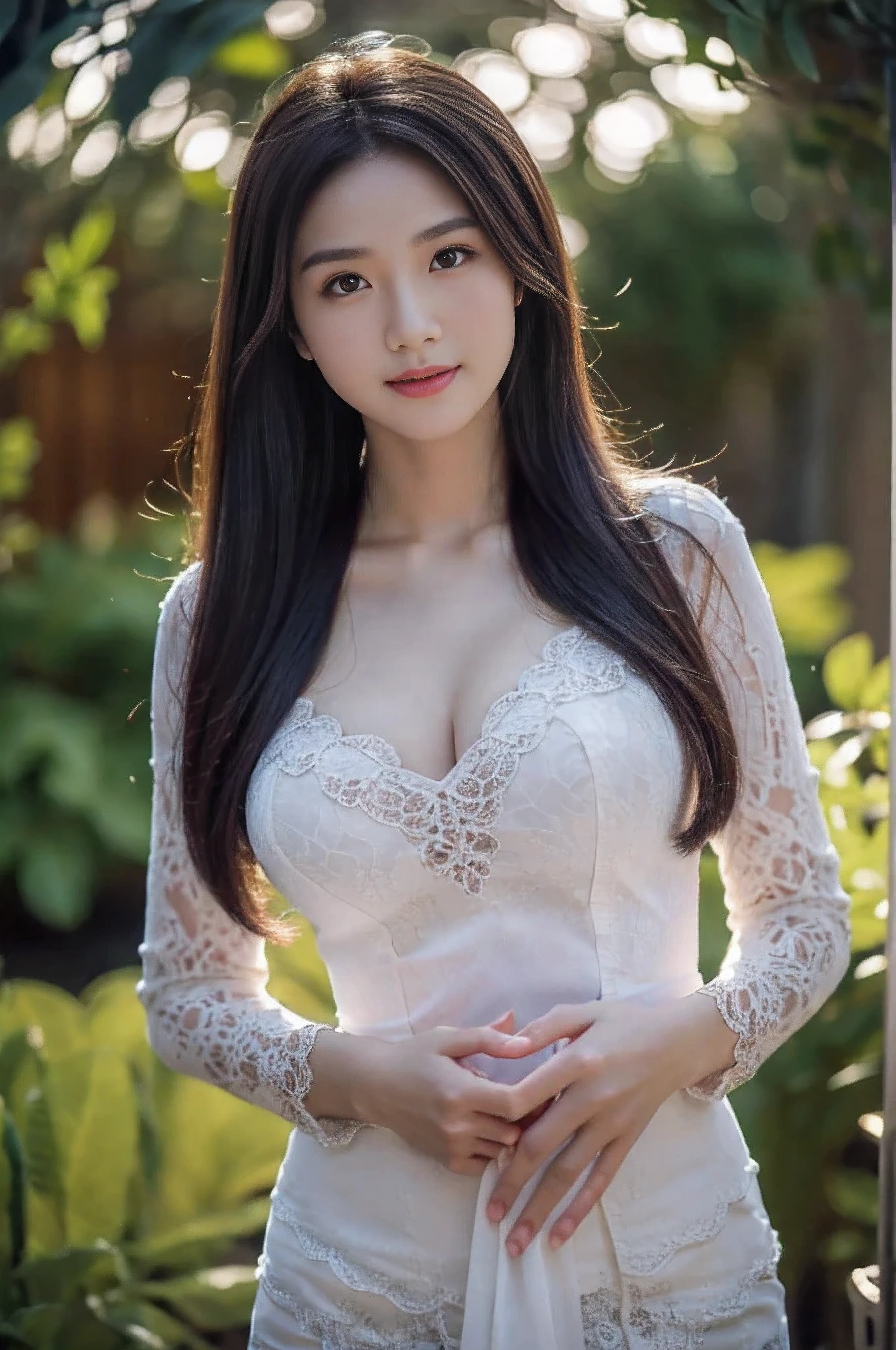 8k, best quality, Medium close-up, (white kebaya )、(luxury kebaya ),(top-quality,​masterpiece:1.3,超A high resolution,),(ultra-detailliert,Caustics),(Photorealsitic:1.4,RAW shooting,)Ultra-realistic capture,A highly detailed,high-definition16Kfor human skin, Cute and lovely Korean girl, realistic, ultra detail, photo realistic, Increase quality, 
 standing in a garden with a scarf, garden, (large breast), (cleavage ), close-up shot,  mouth,dark-haired, long hair, (depth of fields、chromatic abberation、Wide range of lighting、Natural Shading、)、(Exterior light at night:1.4)、(Hair swaying in the wind:1.2).