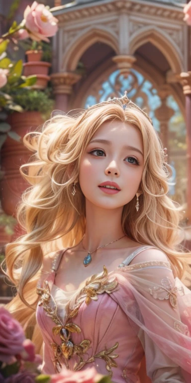 Barbie in a cute pink dress,delicate face,Blonde hair fluttered in the wind、princess dress,the princess has a beautiful crown、smile gently、Beautiful garden background、gentle and transparent,delicate pattern,pink rose space, soft lighting, ( Bokeh),masterpiece, Super detailed, great composition, highest quality, 8K,Epic romantic fantasy digital art,epic fairy tale fantasy digital art,mythological fantasy,UHD resolution,Detailed detail drawing,realistic,非常にrealisticな,cinematic lighting,Award-winning photo,rich colors,Super realistic realistic texture,dramatic lighting、smile、