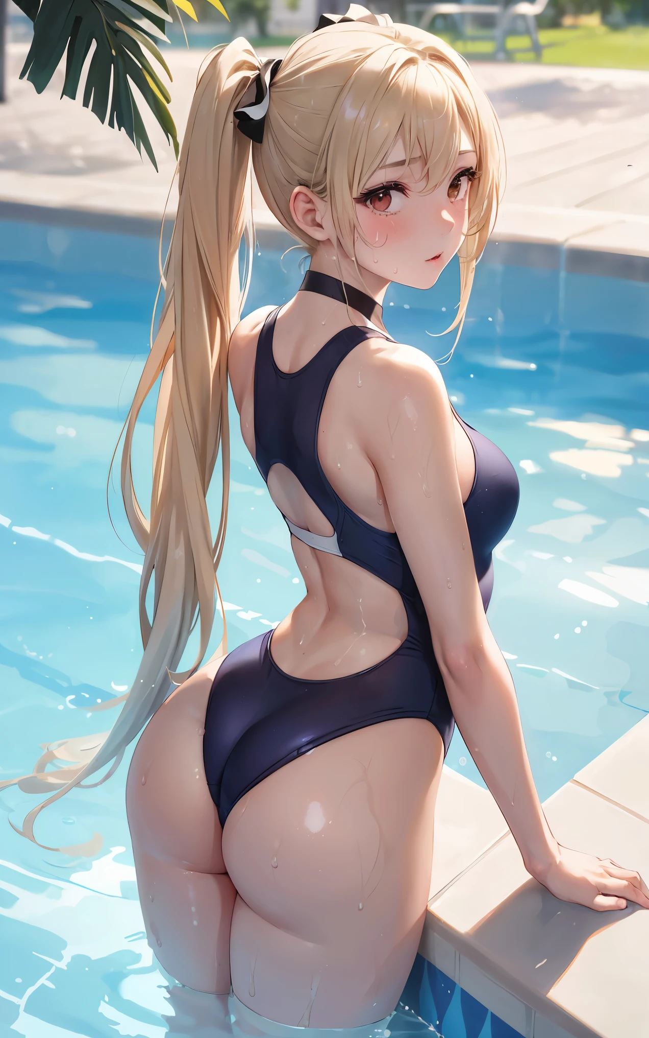 top-quality、supreme1People Girls,hightquality,A detailed face、A detailed eye、Detailed nose、Detailed mouth、 Beautiful expression, ((masuter piece)), ((High resolution)), ((Best Quality)), detail, ((Skin shiny with sweat)), (Competitive swimsuit:1.2)、 girl with, a blond, (Half Twin Tail)、((posterior view:1.3、s ass))、fair white skin:1.3、、Smaller chest, cinmatic lighting, perfectly shaded,(((in poolside))), Realistic lighting with shades,Reflecting the whole body