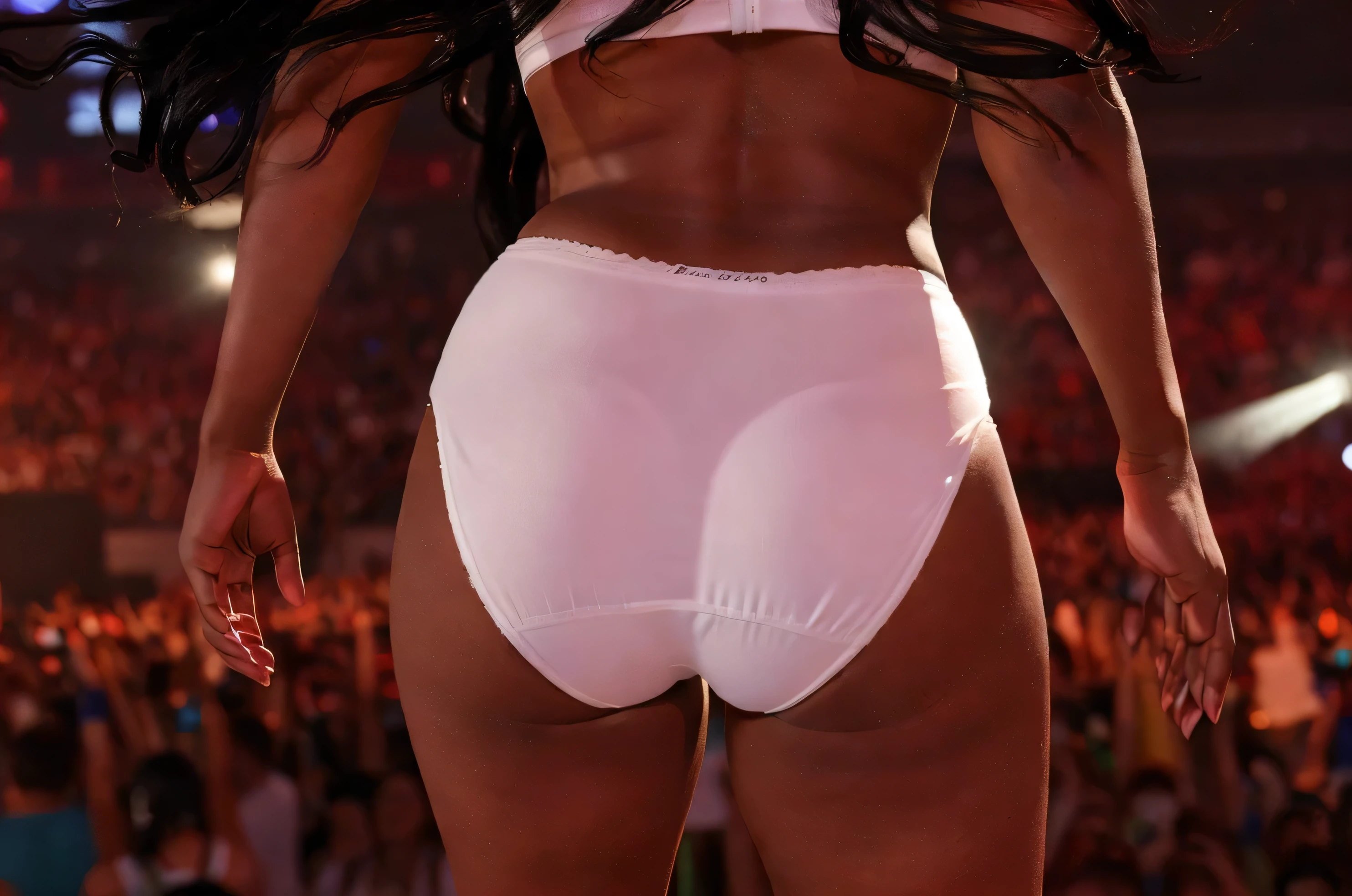 ((masterpiece, best quality)), ((25 year old)), (((Curvy))), ((Black woman with long black  hair)), ((white cotton panties)),white bra, standing on stage at a concert, ((Big booty)), (((photo realistic)))