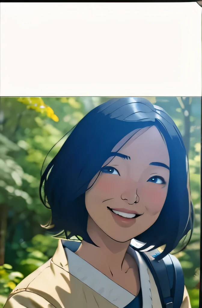 Risa, black haired japanese girl, short black hair, standing in forest , cute, beautiful, realistic style, highly detailed, 4k, look at camera, face close-up, laughing, ((golden ratio, center frame)), (((RISA))), (full body picture)