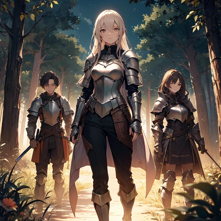 A group of  female knights, (in forest), various hair styles, harem, wearing armored clothes, metal armor, night, details face, trousers, seducing, sword, 