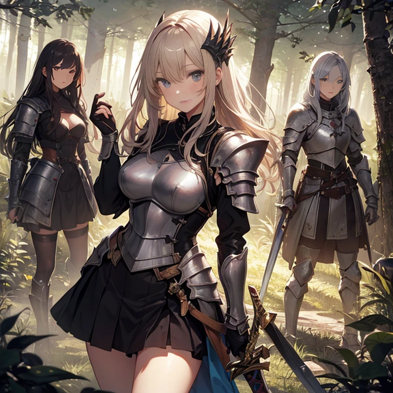 A group of female knights, (in forest), various hair styles, harem, wearing armored clothes, metal armor, night, details face, , short skirt, seducing, sword