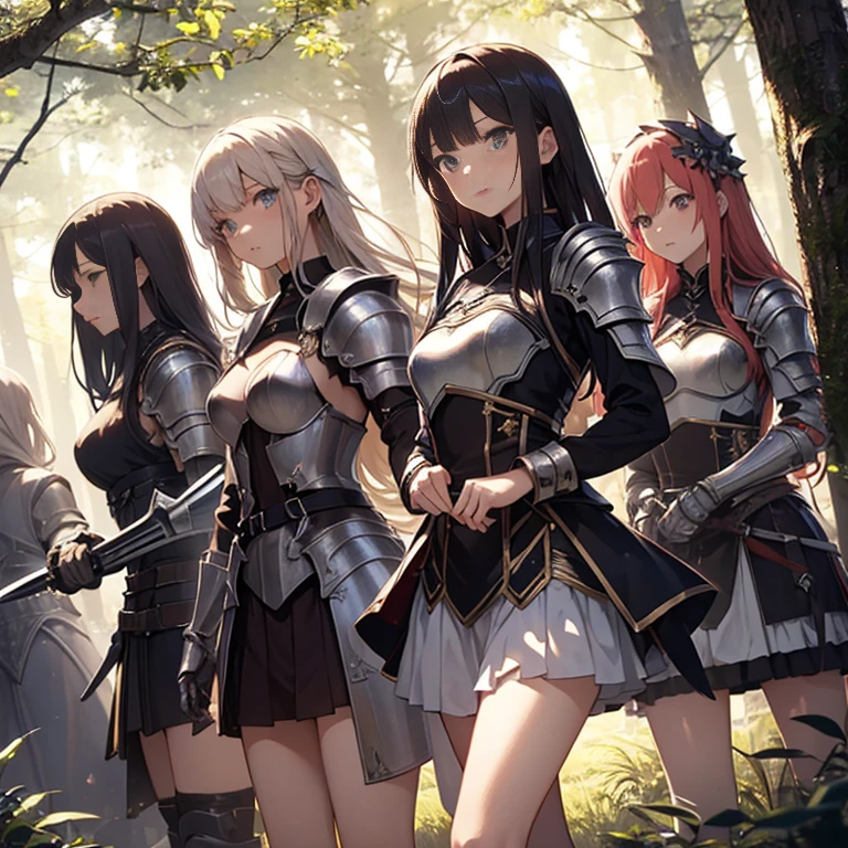 A group of female knights, (in forest), various hair styles, harem, wearing armored clothes, metal armor, night, details face, , short skirt, seducing, sword