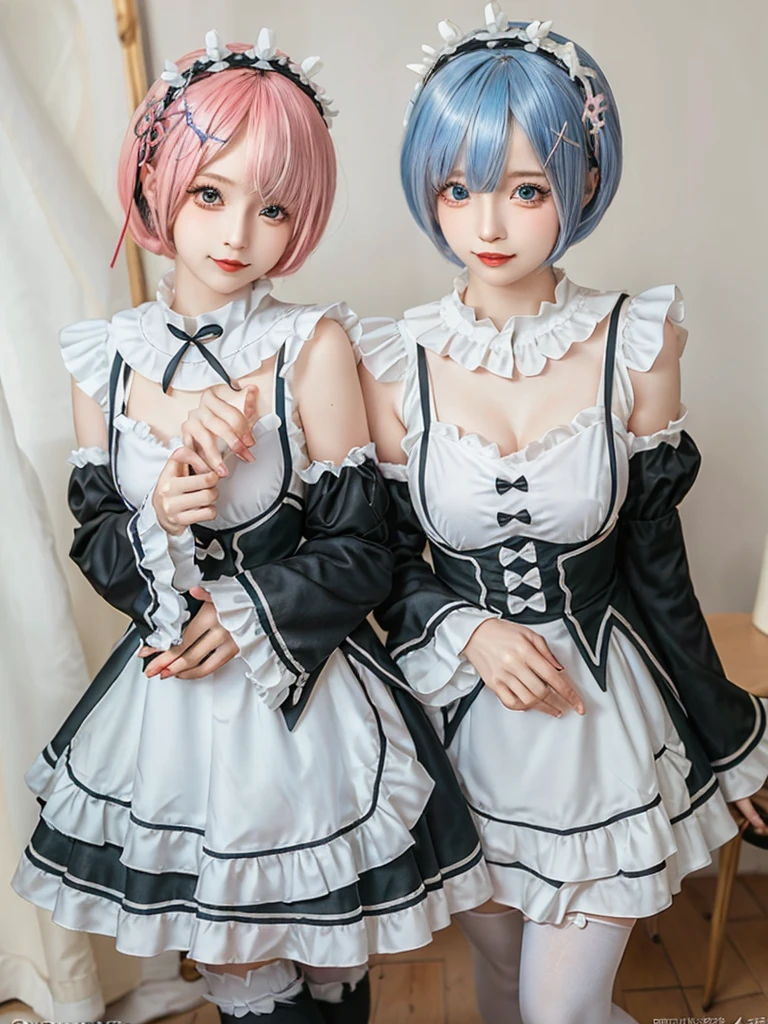 (8K, Photorealistic, Raw photo, of the highest quality: 1.3), (1girl in), Super beautiful, (Realistic face), (boyish, Silver Color Berry Shorthair), Beautiful , Glare that captivates the viewer, Beautiful expression, Beautiful breasts, (Realistic skin), Be...Create a detailed and colorful image of Ram and Rem from Re:Zero, standing back-to-back in their maid outfits, with a magical fantasy background、14years old, two girls,cute, perfect face, beautiful, nice body, gothic lolita clothes, gothic lolita fashion, frilly skirt, headdress, necklace, bracelet, knee-high socks, boots, double eyelids, tear bags, Detailed down to the fingers, photo-like description, indoors, dim indoor lighting, one girl is pink hair and short bob, another girl is light blue hair and short bob,standing, whole body, composition that shows the whole body, smiling,The Both of them are wearing the same type of maid outfit