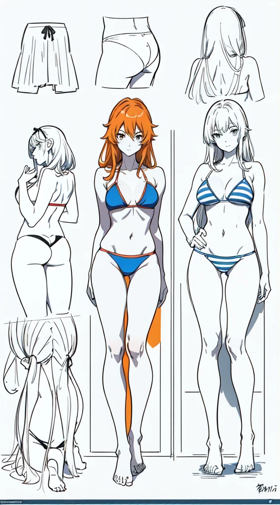 drawing of a woman in a bikini standing in a bathroom, bikini. background of hell. gore, hands behind her body pose!, asuka suit under clothes!, colored sketch anime manga panel, realistic bikini, pudica pose gesture, asuka as a surfer model, oppai proportions, outlined!!!, various pose, full body view, clean anime outlines