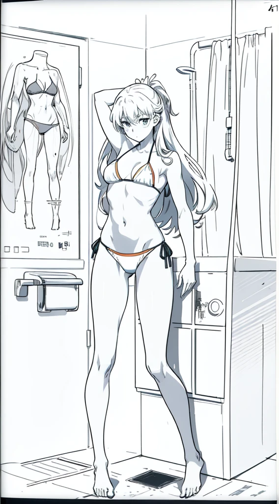 drawing of a woman in a bikini standing in a bathroom, bikini. background of hell. gore, hands behind her body pose!, asuka suit under clothes!, colored sketch anime manga panel, realistic bikini, pudica pose gesture, asuka as a surfer model, oppai proportions, outlined!!!, various pose, full body view, clean anime outlines