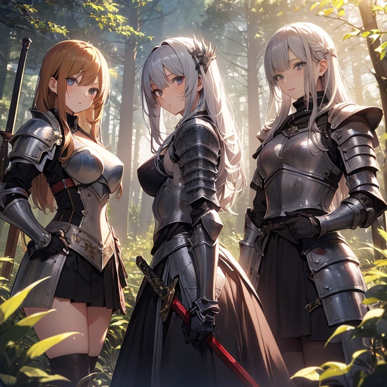 A group of female knight, (in forest), various hair styles, harem, wearing armored clothes, metal armor, night, details face, , short skirt, seducing, sword
