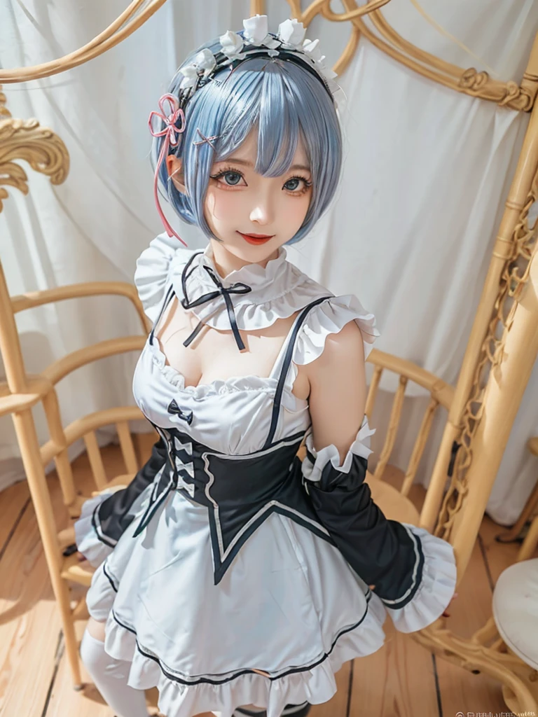 (8K, Photorealistic, Raw photo, of the highest quality: 1.3), (1girl in), Super beautiful, (Realistic face), (boyish, Silver Color Berry Shorthair), Beautiful , Glare that captivates the viewer, Beautiful expression, Beautiful breasts, (Realistic skin), Be...Create a detailed and colorful image of Ram and Rem from Re:Zero, standing back-to-back in their maid outfits, with a magical fantasy background、14years old, two girls,cute, perfect face, beautiful, nice body, gothic lolita clothes, gothic lolita fashion, frilly skirt, headdress, necklace, bracelet, knee-high socks, boots, double eyelids, tear bags, Detailed down to the fingers, photo-like description, indoors, dim indoor lighting, one girl is pink hair and short bob, another girl is light blue hair and short bob,standing, whole body, composition that shows the whole body, smiling,The Both of them are wearing the same type of maid outfit