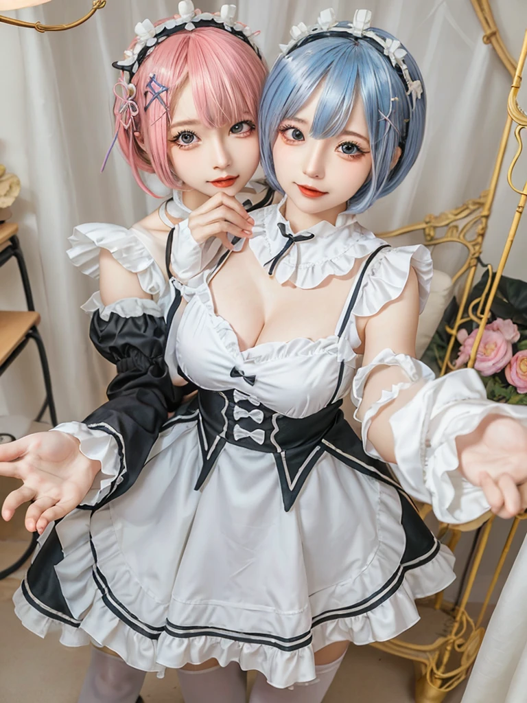 (8K, Photorealistic, Raw photo, of the highest quality: 1.3), (1girl in), Super beautiful, (Realistic face), (boyish, Silver Color Berry Shorthair), Beautiful , Glare that captivates the viewer, Beautiful expression, Beautiful breasts, (Realistic skin), Be...Create a detailed and colorful image of Ram and Rem from Re:Zero, standing back-to-back in their maid outfits, with a magical fantasy background、14years old, two girls,cute, perfect face, beautiful, nice body, gothic ta clothes, gothic loliashion, frilly skirt, headdress, necklace, bracelet, knee-high socks, boots, double eyelids, tear bags, Detailed down to the fingers, photo-like description, indoors, dim indoor lighting, one girl is pink hair and short bob, another girl is light blue hair and short bob,standing, whole body, composition that shows the whole body, smiling,The Both of them are wearing the same type of maid outfit