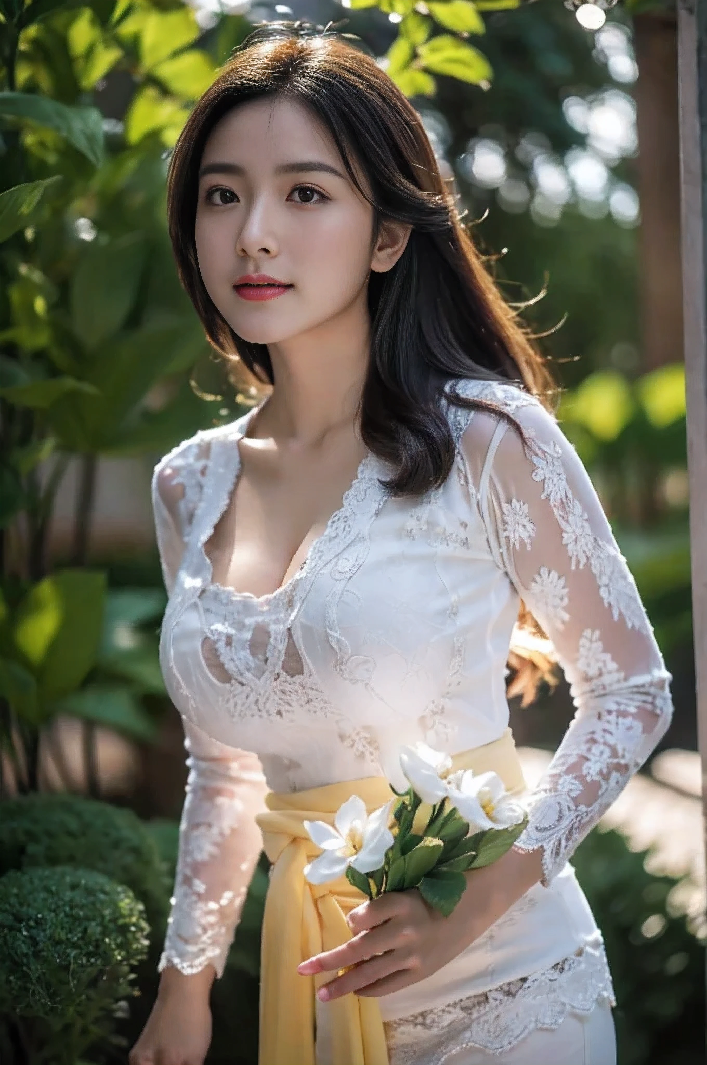 8k, best quality, Medium close-up, (white kebaya )、(luxury kebaya ),(top-quality,masterpiece:1.3,超A high resolution,),(ultra-detailliert,Caustics),(Photorealsitic:1.4,RAW shooting,)Ultra-realistic capture,A highly detailed,high-definition16Kfor human skin, Cute and lovely Korean girl, realistic, ultra detail, photo realistic, Increase quality,
standing in a garden with a scarf, garden, (large breast), (cleavage ), close-up shot, mouth,dark-haired, long hair, (depth of fields、chromatic abberation、Wide range of lighting、Natural Shading、)、(Exterior light at night:1.4)、(Hair swaying in the wind:1.2).