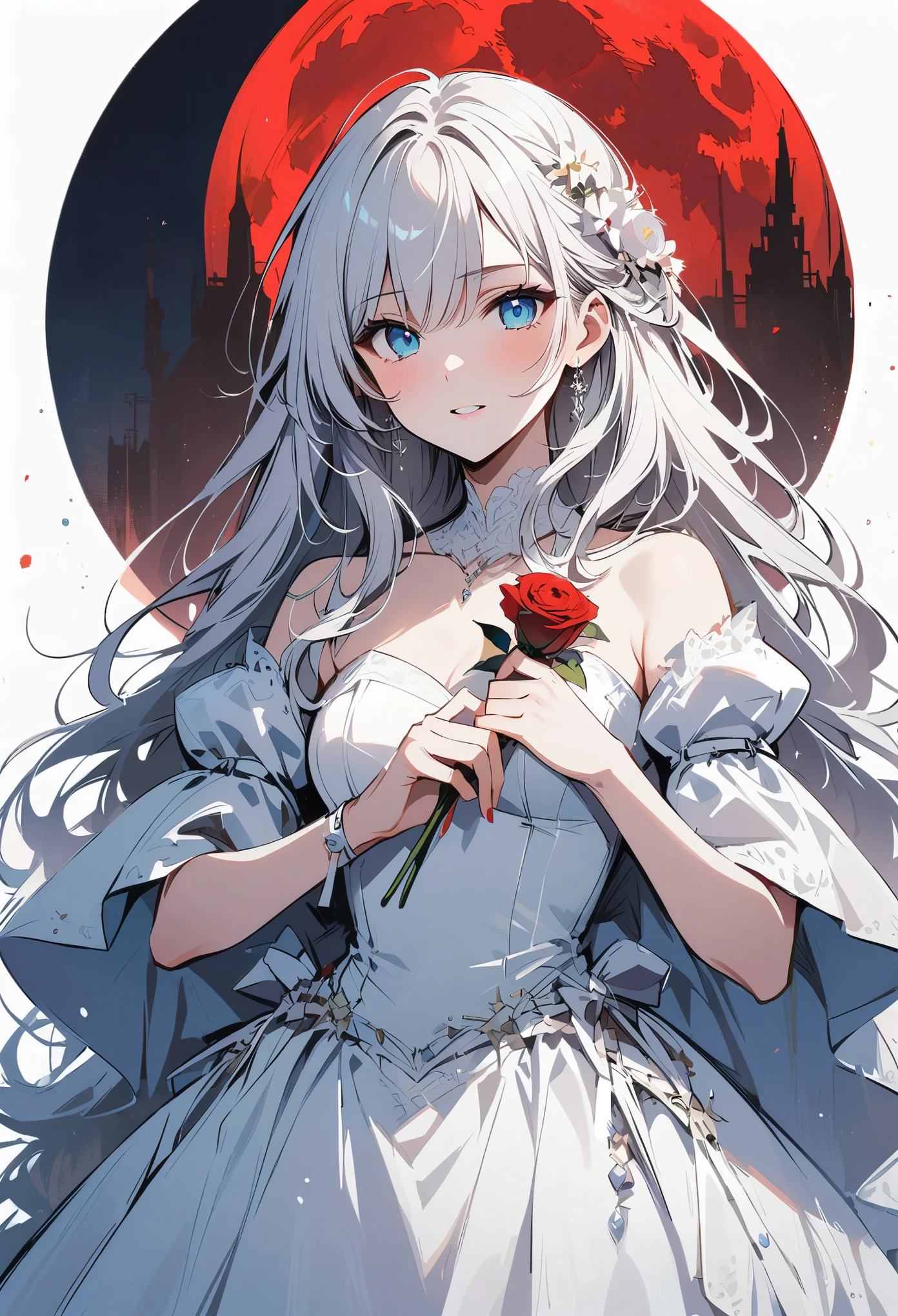 pure white hair,long hair,girl,sky blue eyes,(blood red moon:10),wearing white clothes,Wedding dress,bride,There are thorns on clothes,(Wearing red roses:5),(holding knife in hand:5),Front view