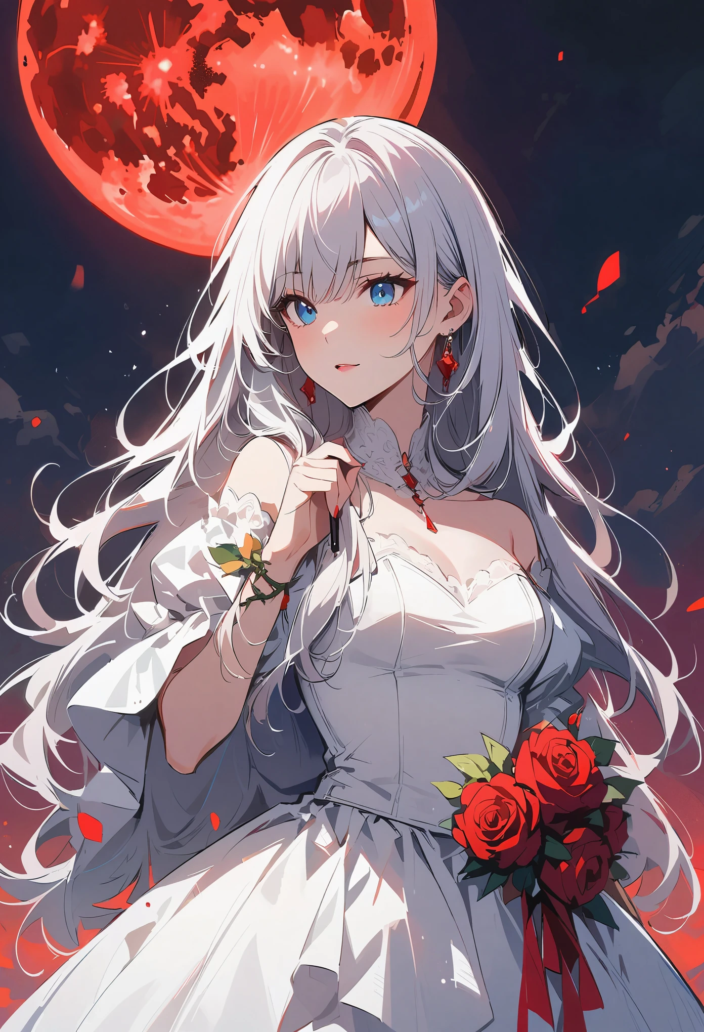pure white hair,long hair,girl,sky blue eyes,(blood red moon:10),wearing white clothes,Wedding dress,bride,There are thorns on clothes,(Wearing red roses:5),(holding knife in hand:5),Front view