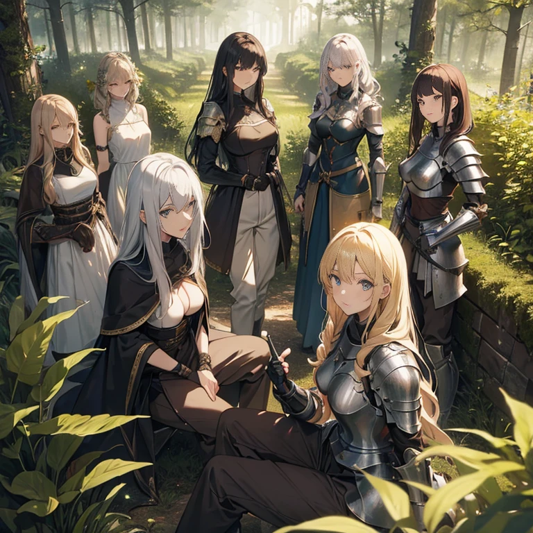A group of female knights, (in forest), various hair styles, metal armor, harem, trousers, seducing, beautiful face, close