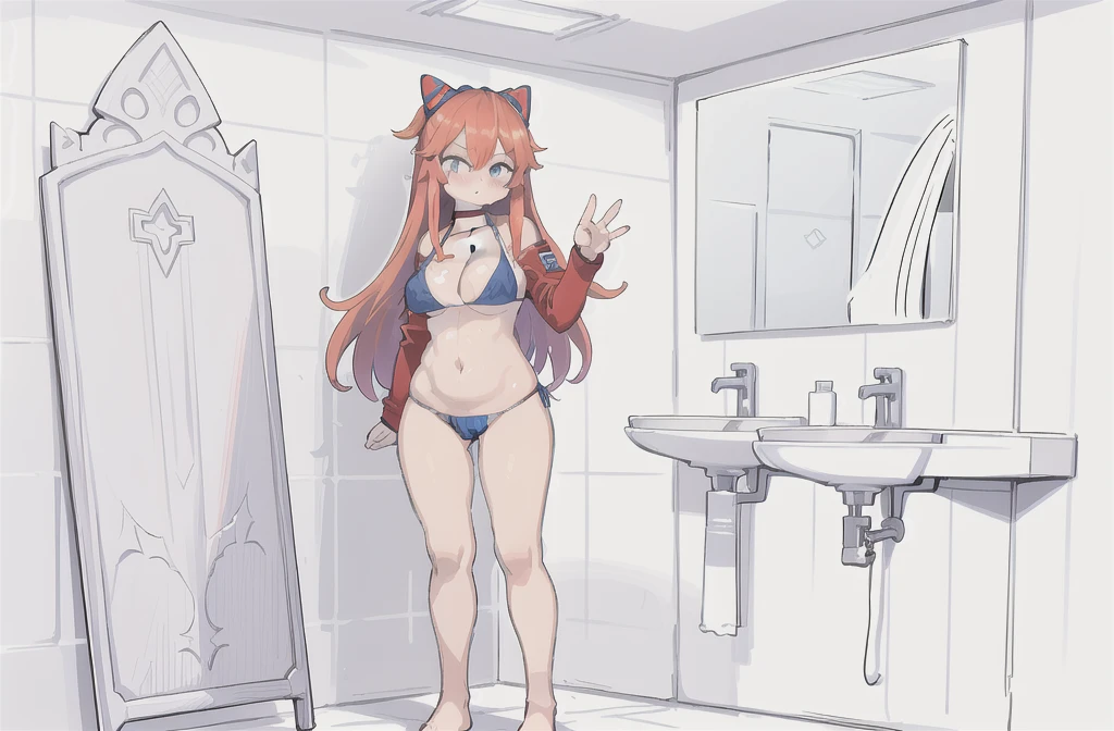 drawing of a woman in a bikini standing in a bathroom, bikini. background of hell. gore, hands behind her body pose!, asuka suit under clothes!, colored sketch anime manga panel, realistic bikini, pudica pose gesture, asuka as a surfer model, oppai proportions, outlined!!!, various pose, full body view, clean anime outlines