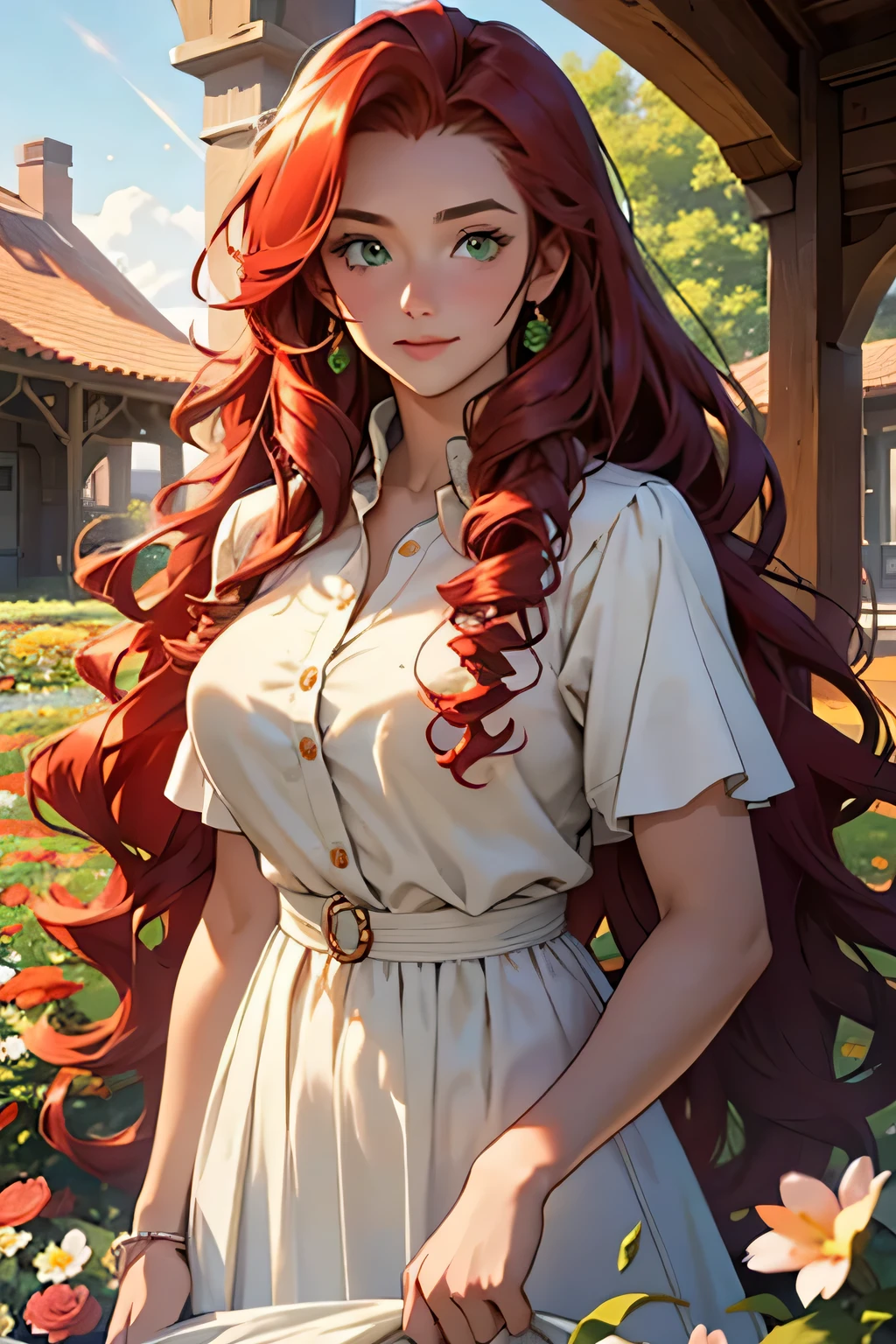 Anime girl with long red hair and green eyes holding a white plate ...