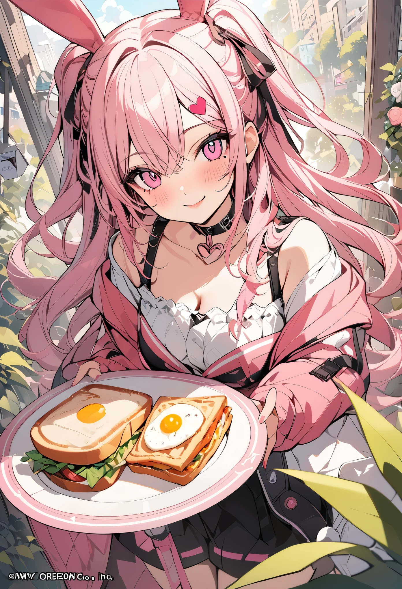 1 girl, pink long hair, heart shaped eyes,Bunny ears, {Pink semi-long hairの女の子、 The name Nami}, (Pink eye color), {breakfast、fried egg、sandwich、coffee}, (smile), bright background , mole under eye, heart shaped choker, (masterpiece, highest quality), very detailed, highest quality, official art, beautiful and aesthetic: 1.2), (1 girl), very detailed, (geometry art: 1.3), colorful, most detailed ?d1 girl, Pink semi-long hair, Eye of the symbol, +__+, gothic costume, {A girl with long pink bun hair The name Nami}, (Pink eye color), {breakfast、fried egg、sandwich、coffee}, (smile), bright background, (garden,beautiful flower々),mole under eye, heart shaped choker, (masterpiece, highest quality), official art, beautiful and aesthetic: 1.2), (1 girl), very detailed, (geometry art: 1.3), colorful