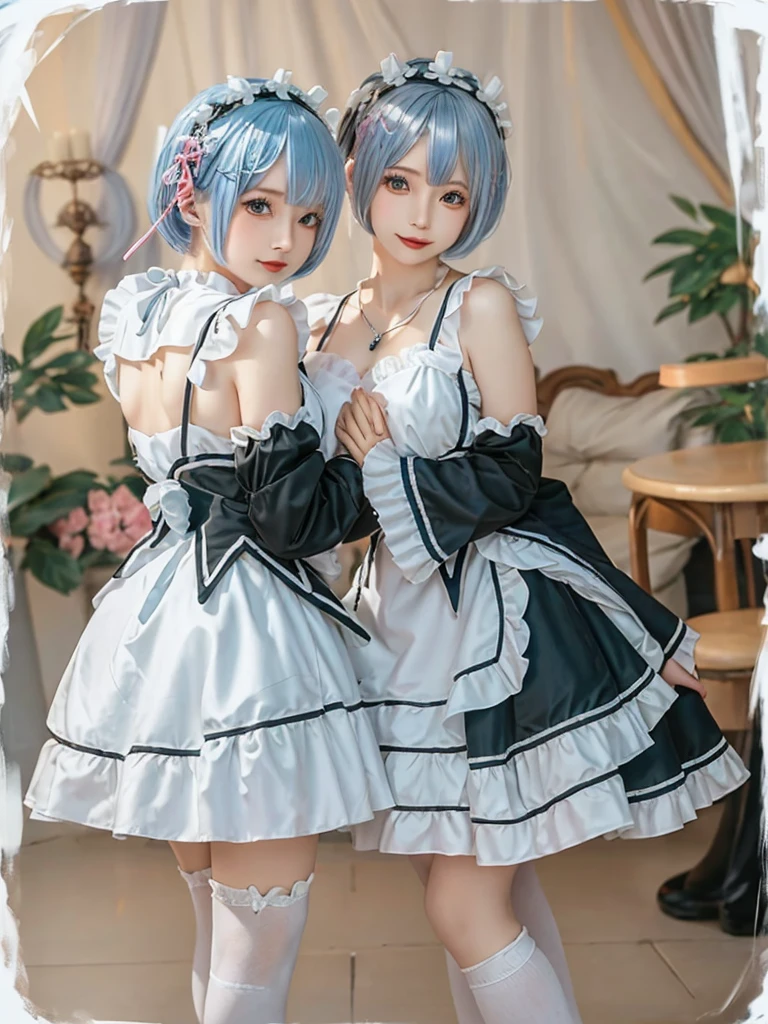 (8K, Photorealistic, Raw photo, of the highest quality: 1.3), (1girl in), Super beautiful, (Realistic face), (boyish, Silver Color Berry Shorthair), Beautiful , Glare that captivates the viewer, Beautiful expression, Beautiful breasts, (Realistic skin), Be...Create a detailed and colorful image of Ram and Rem from Re:Zero, standing back-to-back in their maid outfits, with a magical fantasy background、14years old, two girls,cute, perfect face, beautiful, nice body, gothic lolita clothes, gothic lolita fashion, frilly skirt, headdress, necklace, bracelet, knee-high socks, boots, double eyelids, tear bags, Detailed down to the fingers, photo-like description, indoors, dim indoor lighting, one girl is pink hair and short bob, another girl is light blue hair and short bob,standing, whole body, composition that shows the whole body, smiling,The Both of them are wearing the same type of maid outfit