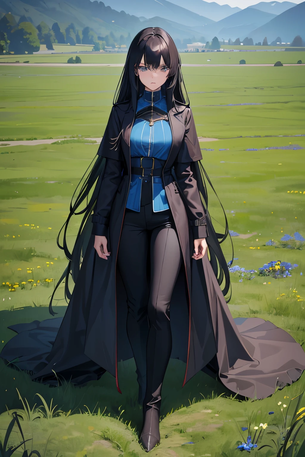 1girl, Black straight long hair, Blue eyes, (Detailed face), Full body, ((intense Blue trench coat)), medieval, (Grasslands bakcground), masterpiece, black pants