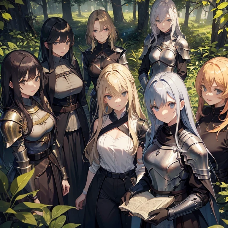 A group of  female knights, (in forest), various hair styles, metal armor, harem, trousers, seducing, beautiful face, close