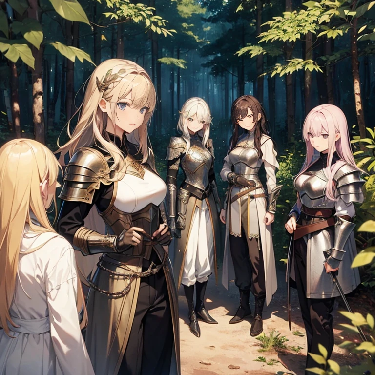 A group of  female knights, (in forest), various hair styles, metal armor, harem, trousers, seducing, beautiful face, close