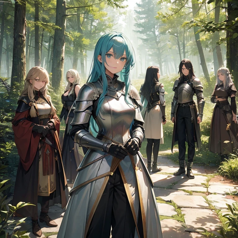 A group of  female knights, (in forest), various hair styles, metal armor, harem, trousers, seducing, beautiful face, close
