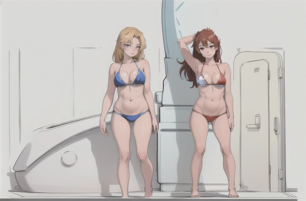 drawing of a woman in a bikini standing in a bathroom, bikini. background of hell. gore, hands behind her body pose!, asuka suit under clothes!, colored sketch anime manga panel, realistic bikini, pudica pose gesture, asuka as a surfer model, oppai proportions, outlined!!!, various pose, full body view, clean anime outlines
