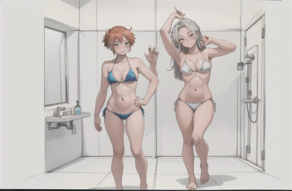 drawing of a woman in a bikini standing in a bathroom, bikini. background of hell. gore, hands behind her body pose!, asuka suit under clothes!, colored sketch anime manga panel, realistic bikini, pudica pose gesture, asuka as a surfer model, oppai proportions, outlined!!!, various pose, full body view, clean anime outlines