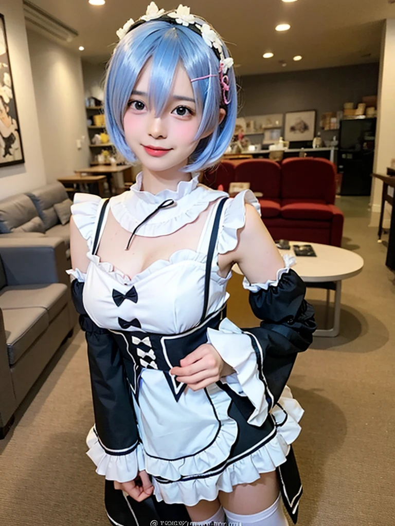 (8K, Photorealistic, Raw photo, of the highest quality: 1.3), (1girl in), Super beautiful, (Realistic face), (boyish, Silver Color Berry Shorthair), Beautiful , Glare that captivates the viewer, Beautiful expression, Beautiful breasts, (Realistic skin), Be...Create a detailed and colorful image of Ram and Rem from Re:Zero, standing back-to-back in their maid outfits, with a magical fantasy background、14years old, two girls,cute, perfect face, beautiful, nice body, gothic lolita clothes, gothic lolita fashion, frilly skirt, headdress, necklace, bracelet, knee-high socks, boots, double eyelids, tear bags, Detailed down to the fingers, photo-like description, indoors, dim indoor lighting, one girl is pink hair and short bob, another girl is light blue hair and short bob,standing, whole body, composition that shows the whole body, smiling,The Both of them are wearing the same type of maid outfit