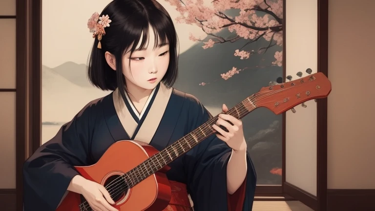 An arafe woman wearing a kimono playing the guitar in front of the window, inspired by Itō Shinsui, Japanese art style, classical Japanese art, traditional Japanese art, In the art style of Ukiyo-e, Japanese art, Inspired by Shoen Uemura, japanese geisha, Japanese painting, Japanese art art, 伝統的なJapanese painting