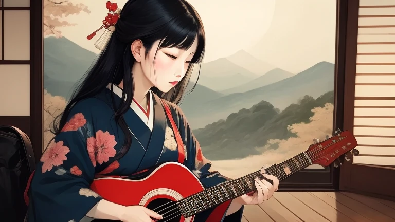An arafe woman wearing a kimono playing the guitar in front of the window, inspired by Itō Shinsui, Japanese art style, classical Japanese art, traditional Japanese art, In the art style of Ukiyo-e, Japanese art, Inspired by Shoen Uemura, japanese geisha, Japanese painting, Japanese art art, 伝統的なJapanese painting