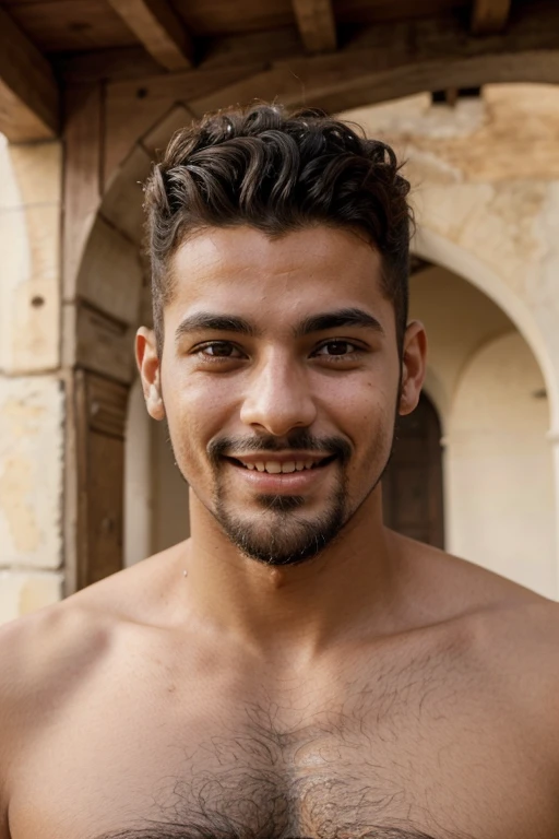 (best quality, masterpiece, ultra-realistic), 24 year old middle eastern man, double cleft chin, shirtless, golden sunset, olive orchard, farmer, outdoor, (wide shot:1.1), (VSCO:1.1), depth of field.