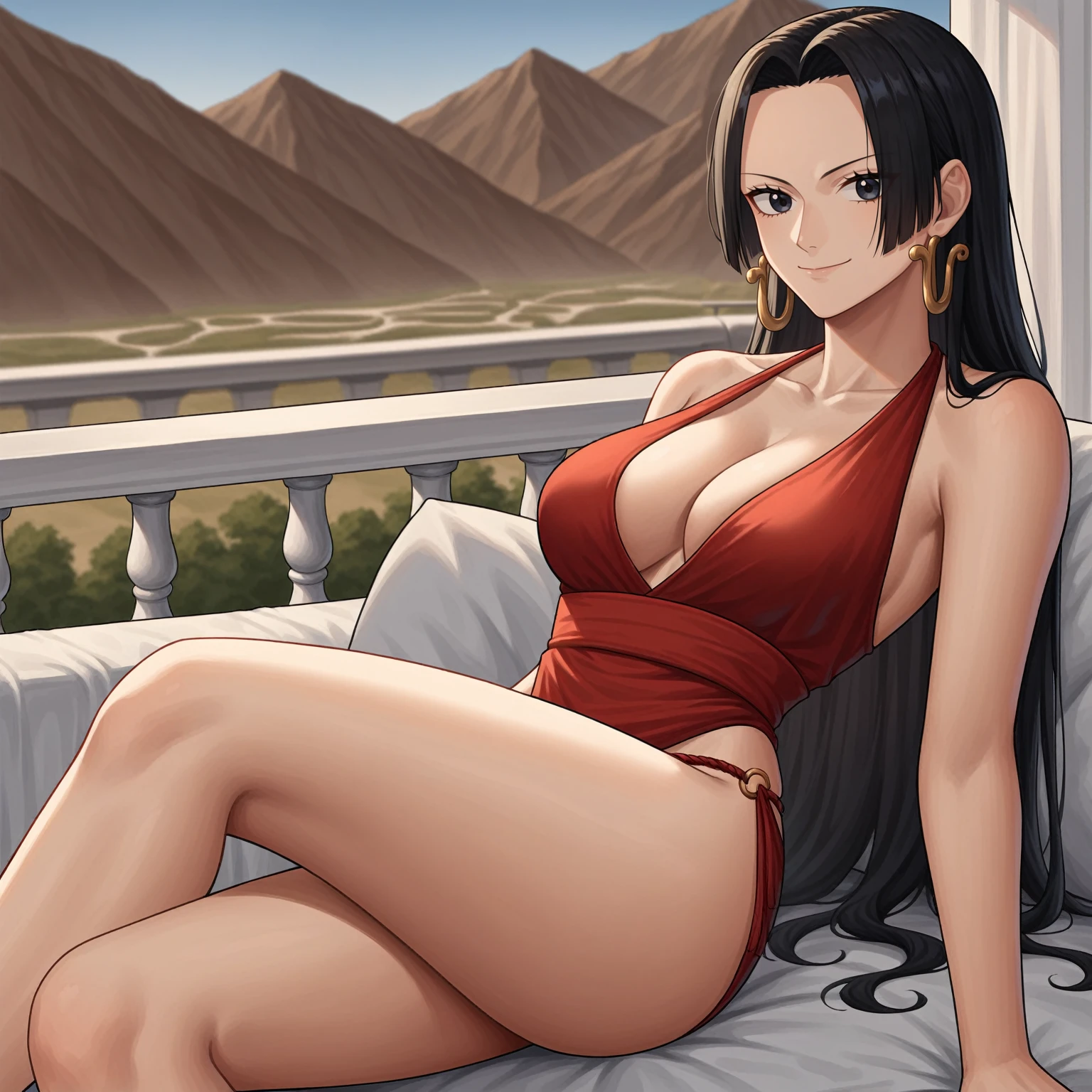 source_anime,score_9,score_8_up, score_7_up, 1boy,solo,outdoors,one piece, boa hancock, couch, indoors, seductive, face closeup, ((closed mouth)), smirk, thighs, long shot, balcony, mountain background, fancy, white couch, laying, leaning, fronr view, red underwear, rob, genderbend, genderswap, ftm, ftm genderswap