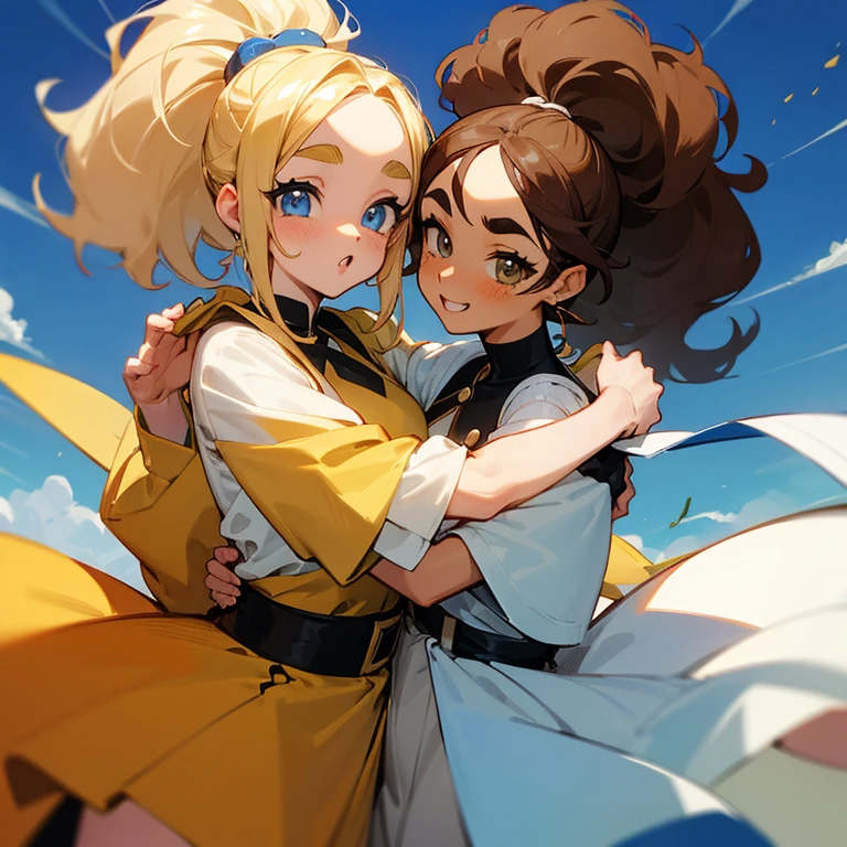 Make me a manga style drawing of two friends hugging. one being mixed race with hazel eyes and very curly hair, comme une coupe affro et bruns, moderately thick eyebrows and a fairly round nose, the other friend being blonde with a ponytail, elle a les yeux bleus, des sourcils fins et un nez un peu plus grand que la moyenne. L'amie brune est plus grande que l'amie blonde