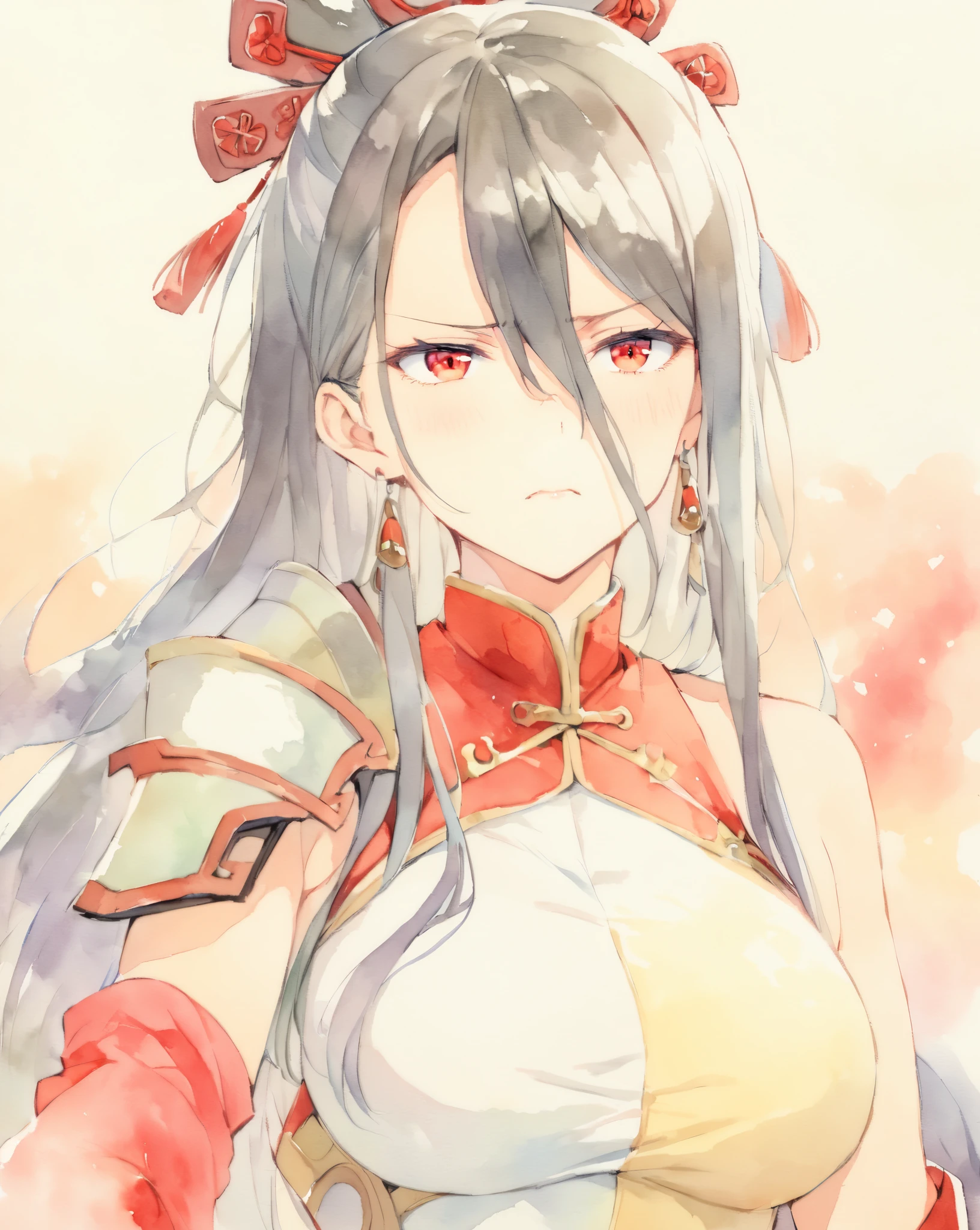 masterpiece, best quality, watercolor (medium), Queen of China, 1 girl, breast, alone, long hair, split, gray hair, red eyes, Shut up, earrings, Bangs, jewelry, skirt, bare shoulders, sleeveless, hair between eyes, 单pauldron, looking at the audience, large breast, armor, shoulder armor, sleeveless skirt, Upper body, single sleeve, white skirt, pauldron, Poker face