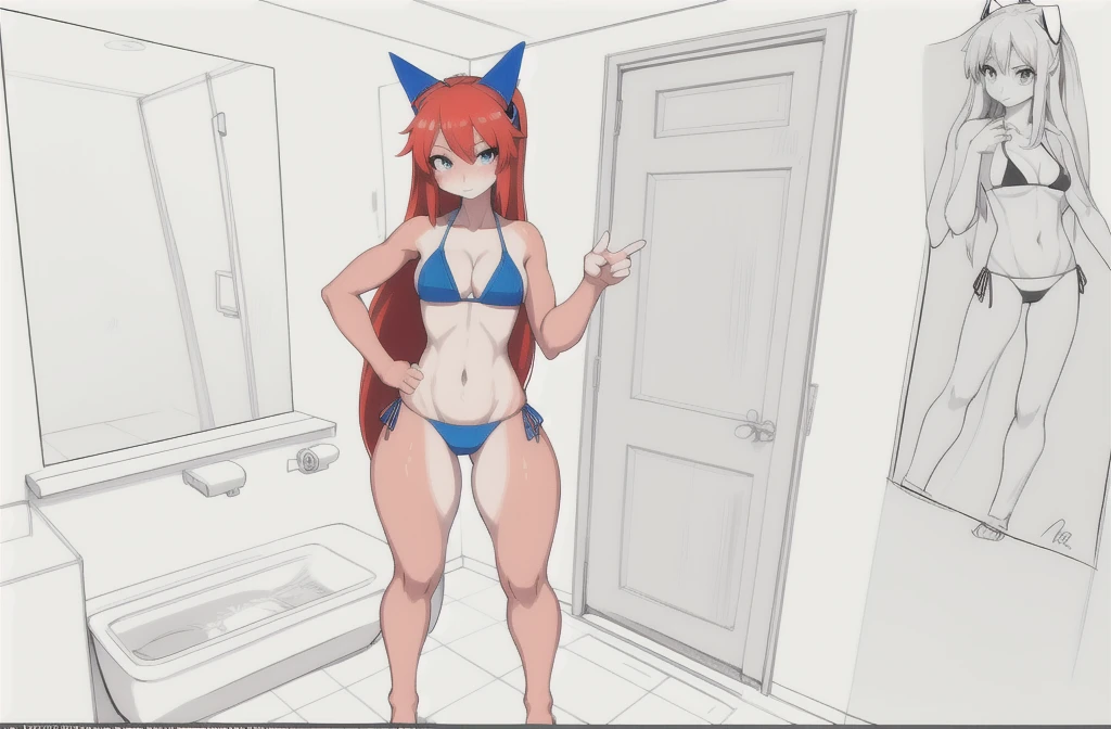drawing of a woman in a bikini standing in a bathroom, bikini. background of hell. gore, hands behind her body pose!, asuka suit under clothes!, colored sketch anime manga panel, realistic bikini, pudica pose gesture, asuka as a surfer model, oppai proportions, outlined!!!, various pose, full body view, clean anime outlines
