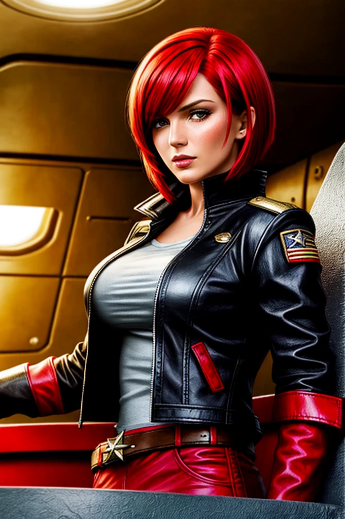 red bob cut, beautiful woman, starship captain, short jacket, cowboy shot, flirty, military bearing, standing, pirate, on a starship bridge, leather