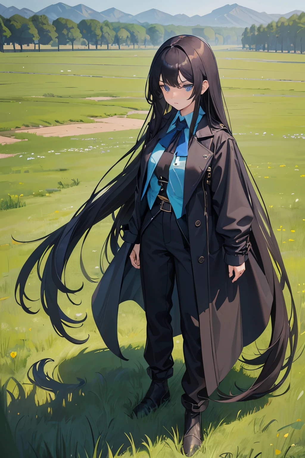 1girl, Black straight long hair, Blue eyes, (Detailed face), Full body, ((intense Blue trench coat)), medieval, (Grasslands bakcground), masterpiece, black pants,((cute girl))
