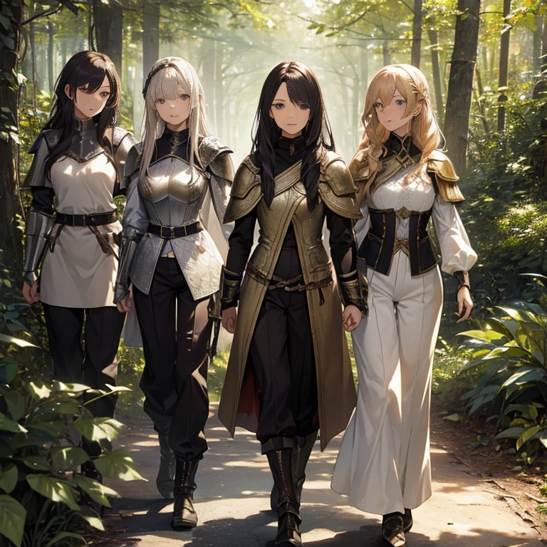 A group of  female knights, (in forest), various hair styles, metal armor, harem, trousers, seducing, beautiful face, close