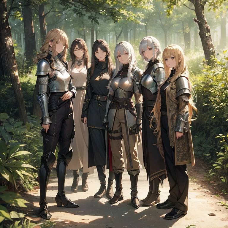 A group of female knights, (in forest), various hair styles, metal armor, harem, trousers, seducing, beautiful face, close