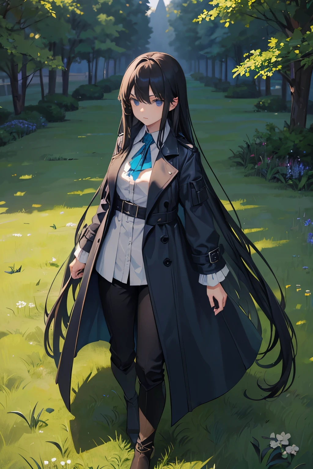 1girl, Black straight long hair, Blue eyes, (Detailed face), Full body, ((intense Blue trench coat)), medieval, (Grasslands bakcground), masterpiece, black pants, (cute face)