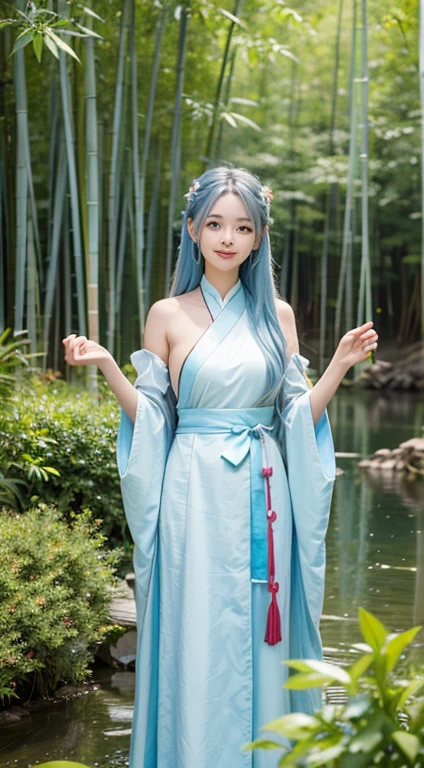 masterpiece, highest quality, official art, 8k wallpaper, very detailed, shape, 1 girl, sky blue hair, long hair, fine eyes, forest gump, bare shoulders, Hanfu, lake, Pure, 柔らかなsmile, bamboo, tea smile
