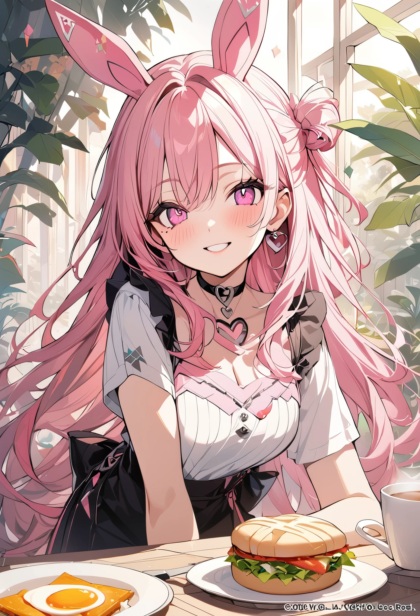 1 girl, pink long hair, heart shaped eyes,Bunny ears, {Pink semi-long hairの女の子、 The name Nami}, (Pink eye color), {breakfast、fried egg、sandwich、coffee}, (smile), bright background , mole under eye, heart shaped choker, (masterpiece, highest quality), very detailed, highest quality, official art, beautiful and aesthetic: 1.2), (1 girl), very detailed, (geometry art: 1.3), colorful, most detailed ?d1 girl, Pink semi-long hair, Eye of the symbol, +__+, gothic costume, {A girl with long pink bun hair The name Nami}, (Pink eye color), {breakfast、fried egg、sandwich、coffee}, (smile), bright background, （garden,beautiful flower々）,mole under eye, heart shaped choker, (masterpiece, highest quality), official art, beautiful and aesthetic: 1.2), (1 girl), very detailed, (geometry art: 1.3), colorful