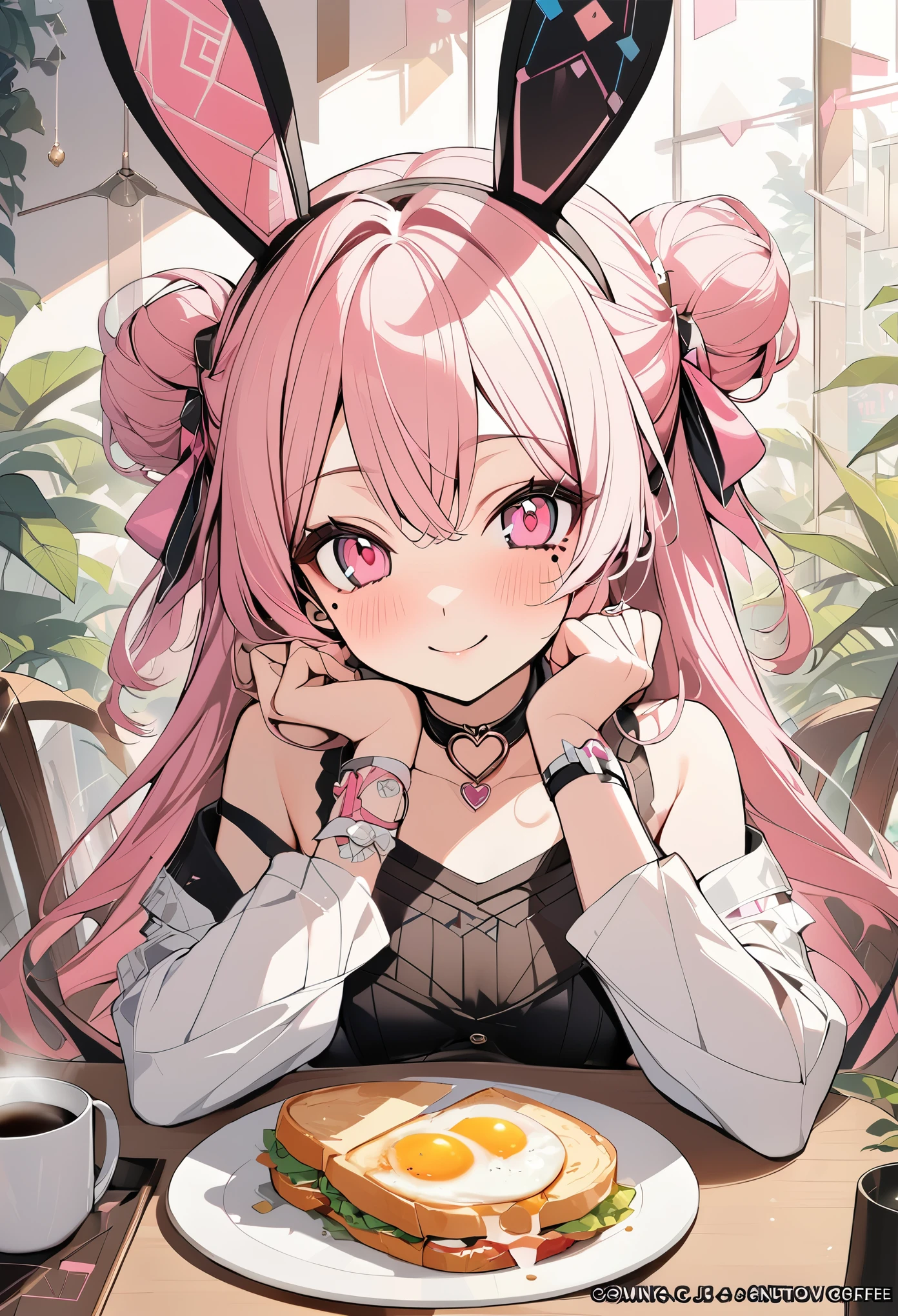 1 girl, pink long hair, heart shaped eyes,Bunny ears, {Pink semi-long hairの女の子、 The name Nami}, (Pink eye color), {breakfast、fried egg、sandwich、coffee}, (smile), bright background , mole under eye, heart shaped choker, (masterpiece, highest quality), very detailed, highest quality, official art, beautiful and aesthetic: 1.2), (1 girl), very detailed, (geometry art: 1.3), colorful, most detailed ?d1 girl, Pink semi-long hair, Eye of the symbol, +__+, gothic costume, {A girl with long pink bun hair The name Nami}, (Pink eye color), {breakfast、fried egg、sandwich、coffee}, (smile), bright background, (garden,beautiful flower々),mole under eye, heart shaped choker, (masterpiece, highest quality), official art, beautiful and aesthetic: 1.2), (1 girl), very detailed, (geometry art: 1.3), colorful
