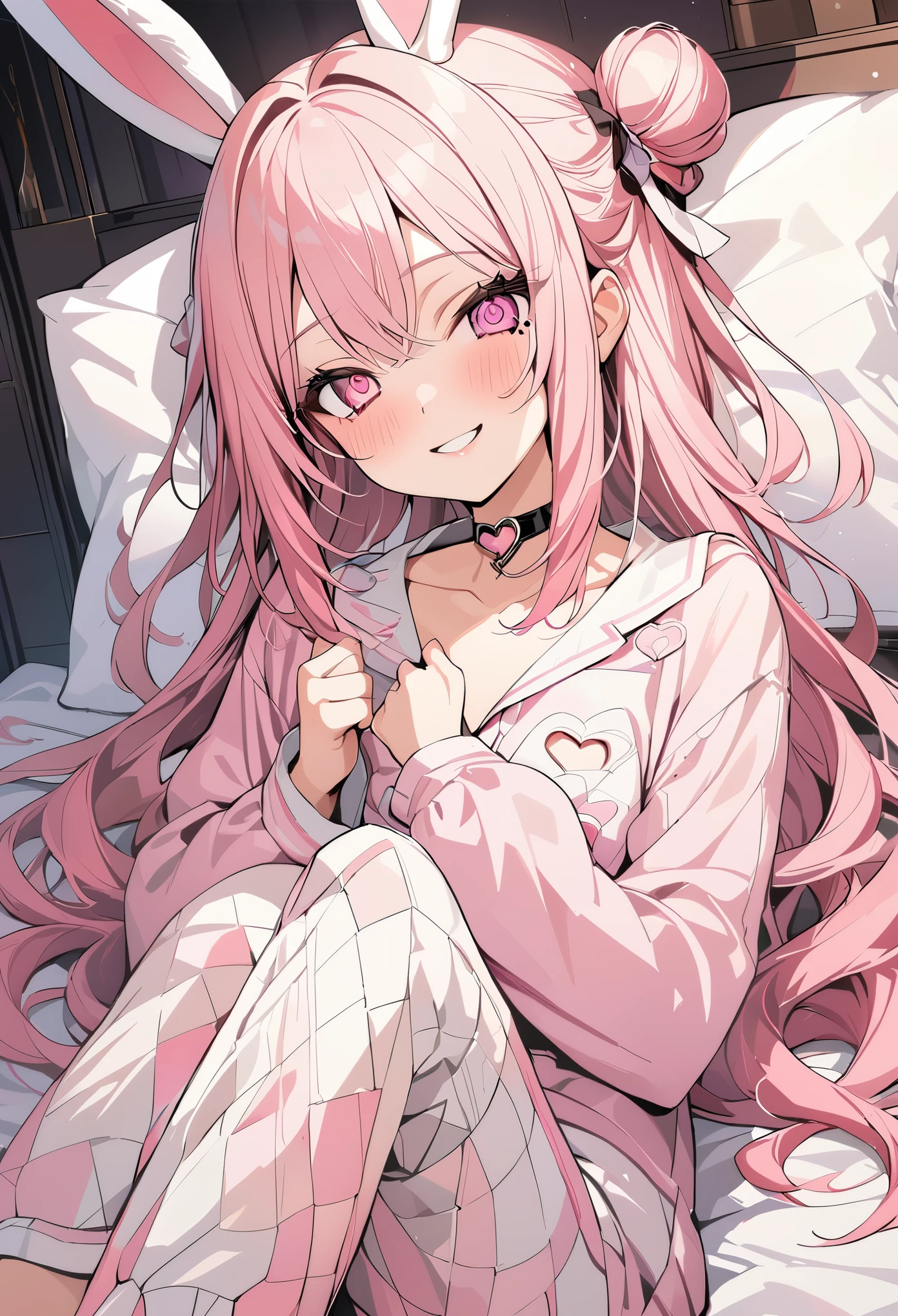 1 girl, pink long hair, heart shaped eyes,Bunny ears, {Pink semi-long hairの女の子、 The name Nami}, (Pink eye color), {night、Bedroom、bed、pajamas}, (smile) , mole under eye, heart shaped choker, (masterpiece, highest quality), very detailed, highest quality, official art, beautiful and aesthetic: 1.2), (1 girl), very detailed, (geometry art: 1.3), colorful, most detailed ?d1 girl, Pink semi-long hair, Eye of the symbol, +__+, gothic costume, {A girl with long pink bun hair The name Nami}, (Pink eye color), (smile),mole under eye, heart shaped choker, (masterpiece, highest quality), official art, beautiful and aesthetic: 1.2), (1 girl), very detailed, (geometry art: 1.3), colorful