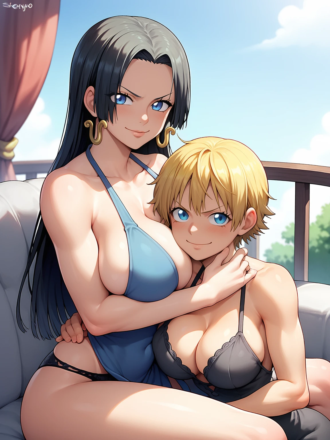 score_9,score_8_up,score_7_up,rating: general,2 girls, duo,breasts,looking at viewer,blush,tits, closed mouth,shexyo, shexyo style, boa hancock, couch, balcony, fancy couch, white couch, one piece, fancy, underwear, smirk, smug, tits, hellsing seras, hellsing and boa hanock, seras (short hair, blonde hair, blue eyes), boa hancock (black hair, blue eyes, long hair), breast press, chest press, crossover