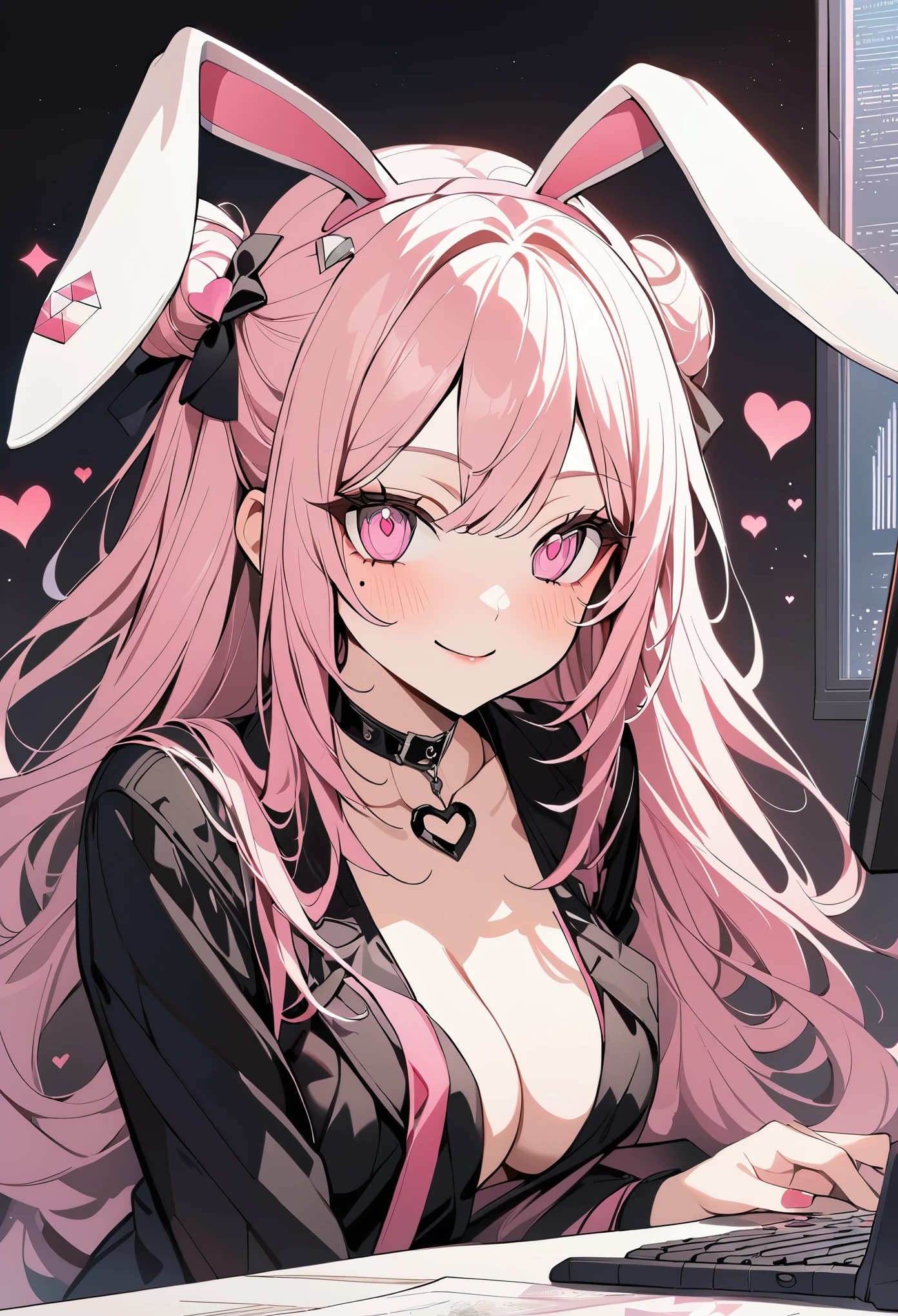 1 girl, pink long hair, heart shaped eyes,Bunny ears, {Pink semi-long hairの女の子、 The name Nami}, (Pink eye color), {office、Business service、disk、computer、coffee}, (smile), bright background , mole under eye, heart shaped choker, (masterpiece, highest quality), very detailed, highest quality, official art, beautiful and aesthetic: 1.2), (1 girl), very detailed, (geometry art: 1.3), colorful, most detailed ?d1 girl, Pink semi-long hair, Eye of the symbol, +__+, gothic costume, {A girl with long pink bun hair The name Nami}, (Pink eye color), mole under eye, heart shaped choker, (masterpiece, highest quality), official art, beautiful and aesthetic: 1.2), (1 girl), very detailed, (geometry art: 1.3), colorful