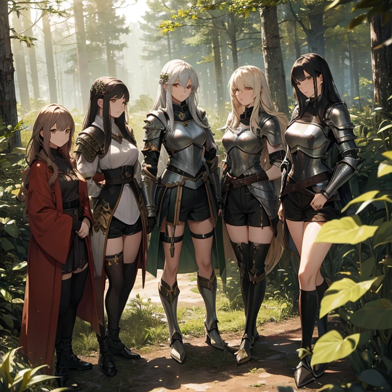 A group of  female knights, (in forest), various hair styles, metal armor, harem, shorts, seducing, beautiful face, close
