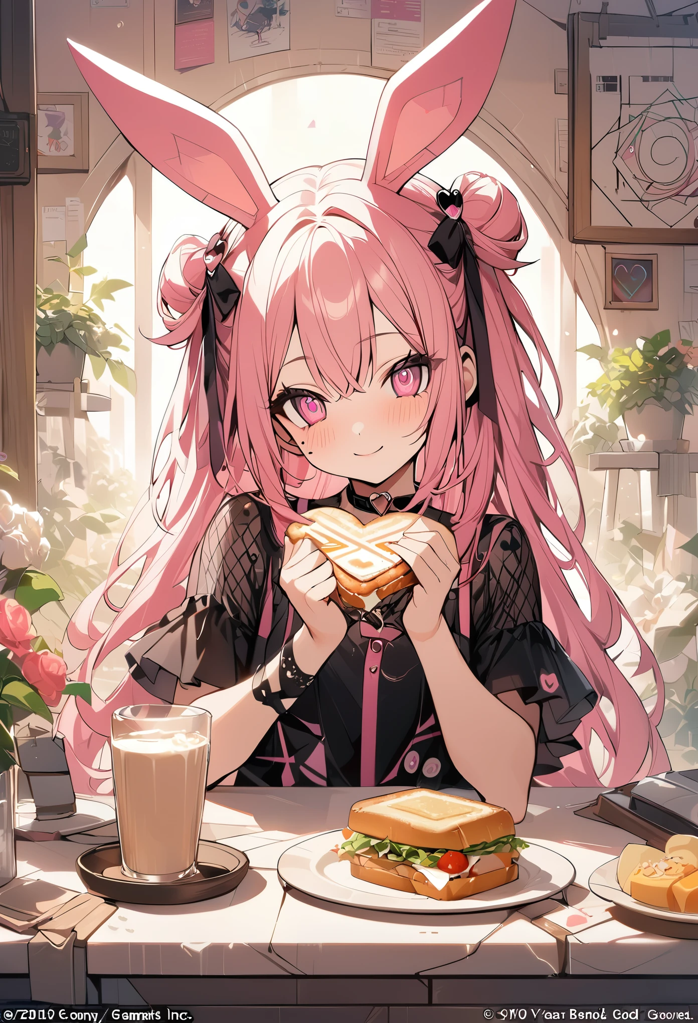 1 girl, pink long hair, heart shaped eyes,Bunny ears, {Pink semi-long hairの女の子、 The name Nami}, (Pink eye color), {breakfast、fried egg、sandwich、coffee}, (smile), bright background , mole under eye, heart shaped choker, (masterpiece, highest quality), very detailed, highest quality, official art, beautiful and aesthetic: 1.2), (1 girl), very detailed, (geometry art: 1.3), colorful, most detailed ?d1 girl, Pink semi-long hair, Eye of the symbol, +__+, gothic costume, {A girl with long pink bun hair The name Nami}, (Pink eye color), {breakfast、fried egg、sandwich、coffee}, (smile), bright background, （garden,beautiful flower々）,mole under eye, heart shaped choker, (masterpiece, highest quality), official art, beautiful and aesthetic: 1.2), (1 girl), very detailed, (geometry art: 1.3), colorful